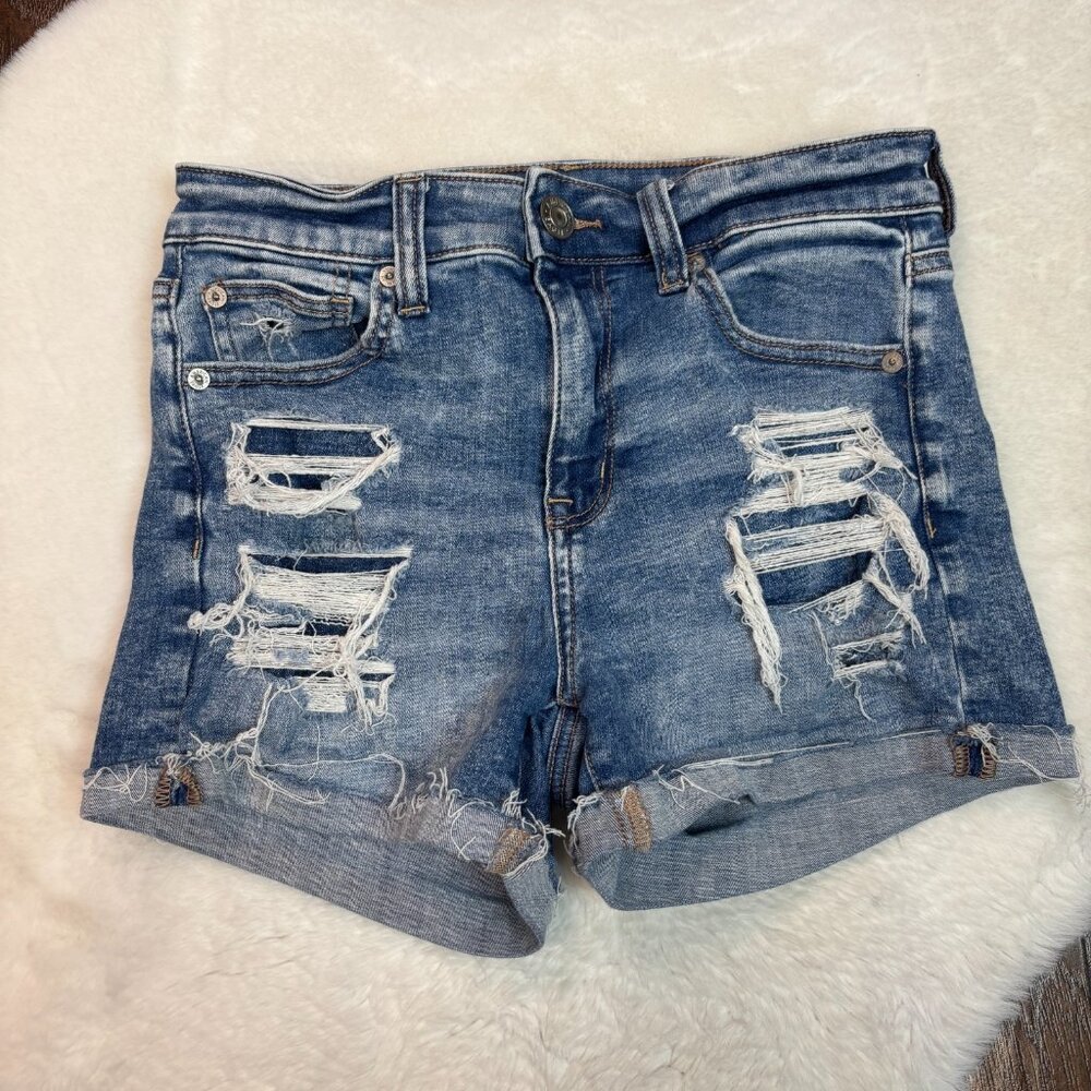 American Eagle Shortie Shorts 4 Light Wash Ripped Cuffed Stretch High-Rise Blue